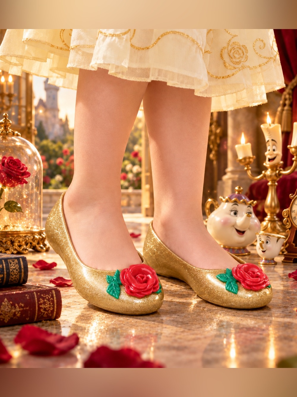 Mini Melissa x Disney Belle Sweet Love Gold Rose Flats Girls 3